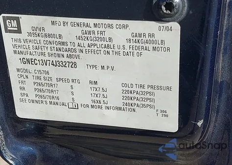 2004 Chevrolet Tahoe Ls from USA, damaged, VIN 1GNEC13V74J332728